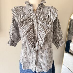 The Shirt Rochelle Behrens L Striped Floral Ruffle Button Front Blouse Top work